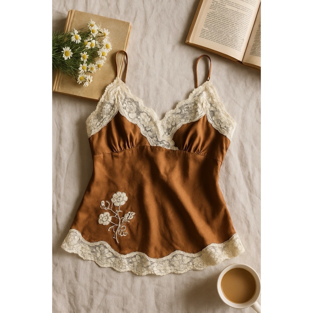 Kate Landry Cami Top Womens S Brown Silk Babydoll Lace Trim Coquette‎ Fairycore